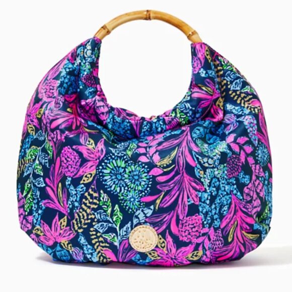 Lilly Pulitzer Handbags - Lilly Pulitzer Aegean Navy Calypso Coast Bamboo Handle Hobo Handbag